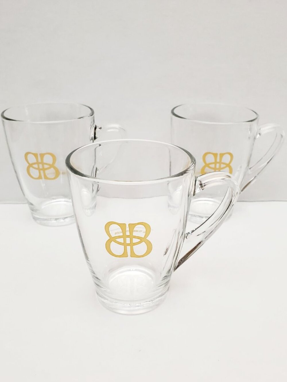 BAILEYS Irish Cream 3 x Vintage Clear Glass & Gold BB Logo Coffee Mug Cup Set